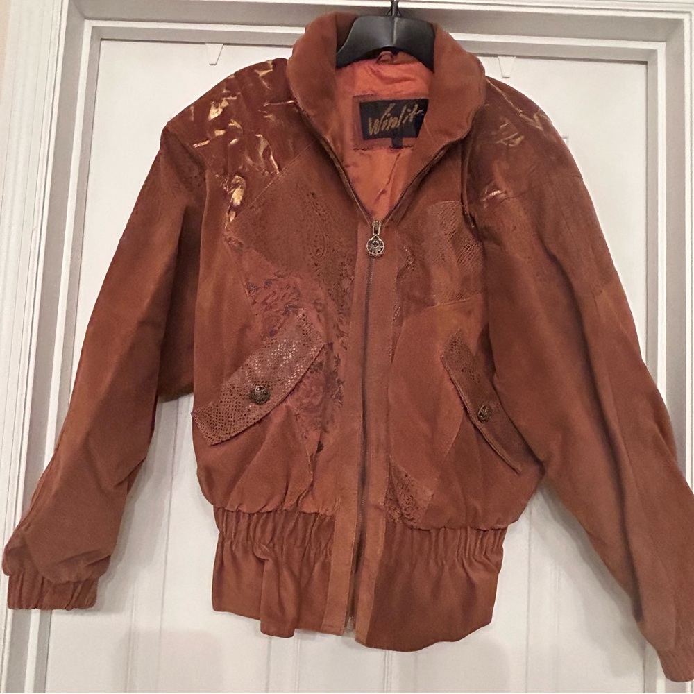 Vintage 80s Winlit Soft Leather Jacket Women’s Small Patches Suede Brown Size S